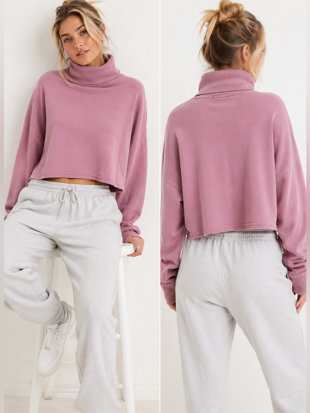 American Eagle Soft Fleece Cropped Turtleneck Sweatshirt Pink Size Large